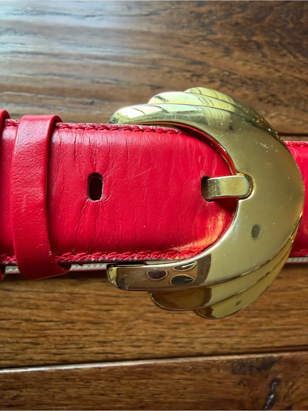 Vintage Liz Claiborne Red Leather Belt Oversized Gold Statement Buckle Medium